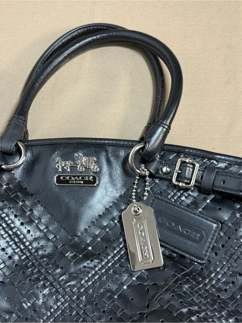 Coach Madison Criss Cross Woven Black Leather Lindsey Satchel Bag